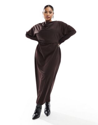Шоколадное облегающее платье миди с крыльями летучей мыши и драпировкой спереди ASOS DESIGN Curve ASOS Curve