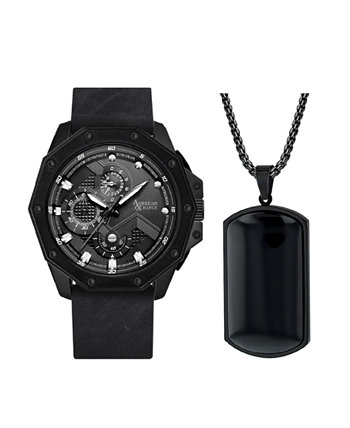 Мужские аналоговые кварцевые часы с тремя стрелками, матовый черный кожаный ремешок, 48 мм, подарочный набор American Exchange