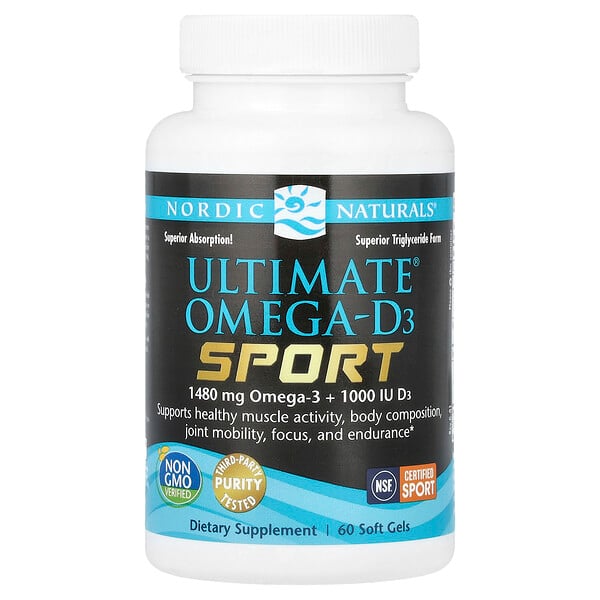 Ultimate Omega®-D3 для спорта, 60 мягких капсул, 1480 мг Омега-3 и 1000 МЕ витамина D3 Nordic Naturals