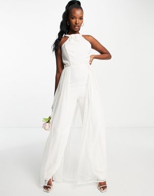 Starlet Bridal halter neck jumpsuit with detachable tulle overlay in ivory Starlet