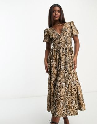 Леопардовое платье миди с пышными рукавами и v-образным вырезом Influence Influence