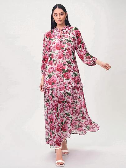SHEIN Modely Платье с воротником-бантом с цветочным принтом из шифона SHEIN