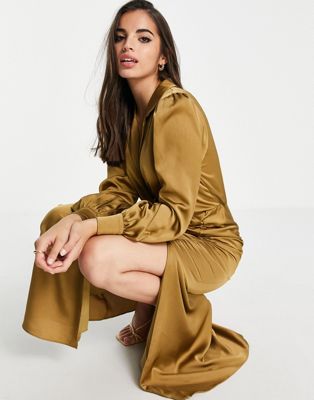 Ever New tie front ruched shirt midi dress in olive Ever New