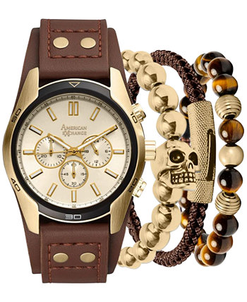 Подарочный набор мужских часов с коричневым ремешком 45 мм American Exchange