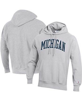 Мужской серый флисовый пуловер с капюшоном и высоким принтом Michigan Wolverines обратного плетения, толстовка с капюшоном Champion