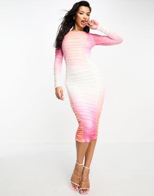 Розовое платье миди со сборками и сетчатым эффектом Simmi Simmi Clothing
