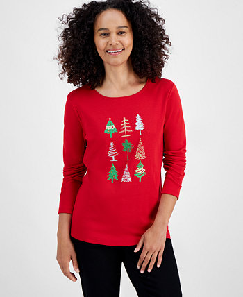 Women's Festive Tree Long-Sleeve Top, Created for Macy's Holiday Lane