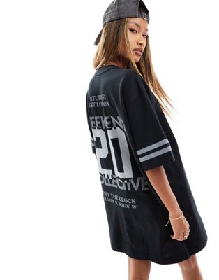 ASOS Weekend Collective oversized t-shirt dress with stacked back graphic in black ASOS Weekend Collective