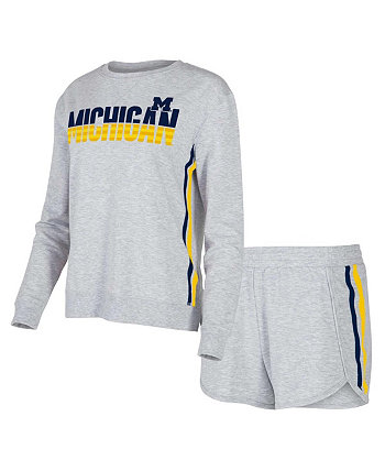 Women's Gray Michigan Wolverines Cedar Tri-Blend Long Sleeve T-shirt and Shorts Sleep Set Concepts Sport