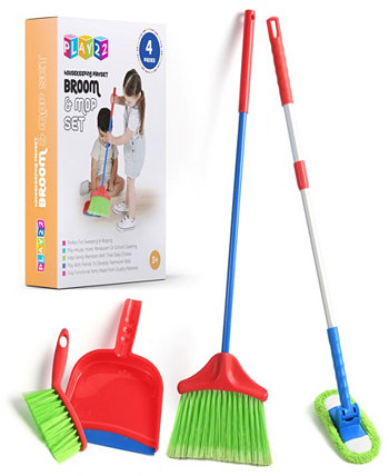 Детский набор для уборки включает в себя метлу, швабру и щетку для сбора пыли. Play22