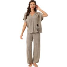 Women's Lounge Outfits Ribbed Knit Short Sleeve Tops With Pants Soft Casual Pajama Sets Cheibear