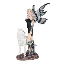 FC Design 22.25&#34;H Black Fairy Holding Dream Catcher with Snow Wolf Statue Fantasy Decoration Figurine Large Sculpture F.C Design