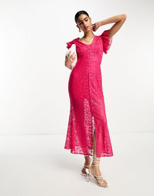 Розовое кружевное платье миди с оборками Never Fully Dressed NEVER FULLY DRESSED