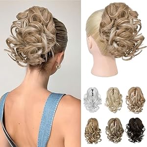 REECHO 9" Short Ponytail Extension, Classic Loose Curly Wavy Claw Clip Pony tails Hair Extensions HP001 Hairpieces for Women - Ash Brown with Platinum Highlights REECHO