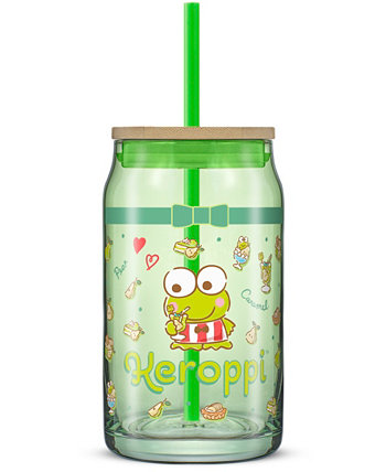 Hello Kitty and Friends Favorite Flavor Keroppi Can Shaped Glass Tumbler with Wood Lid and Straw JoyJolt