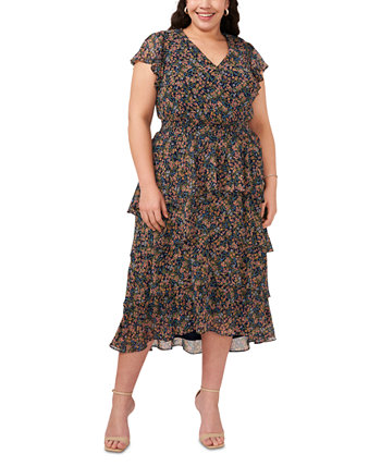 Plus Size Floral-Print Flutter-Sleeve Fit & Flare Dress MSK