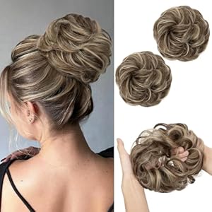 SARLA 2PCS Messy Hair Bun Hair Pieces Wavy Curly Synthetic Updo Fake Scrunchies Ponytail Extension for Women Dirty Blonde SARLA