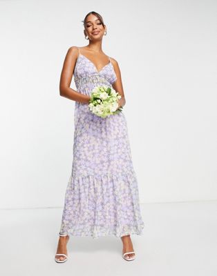 Blume Bridalsatin cami maxi with full skirt in floral in lilac Blume Bridal