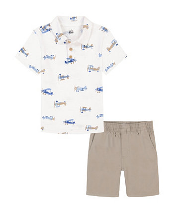 Комплект из рубашки-поло с короткими рукавами с принтом и саржевых шорт для маленьких мальчиков Kids Headquarters