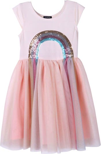 Платье-пачка с короткими рукавами и радужной вышивкой пайетками Zunie