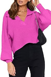 CHYRII Women Overized Puff Long Sleeve V Neck Knitted Polo Pullover Sweater Jumper Tops Chyrii