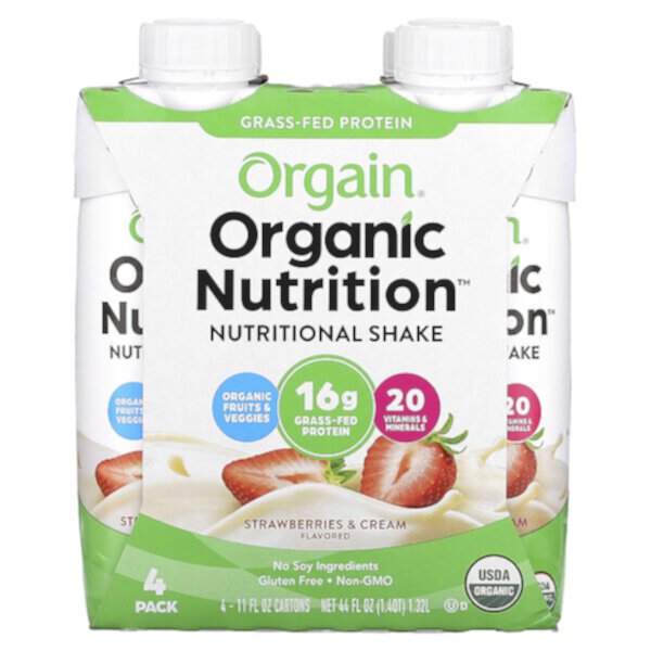 Organic Nutrition, Питательный коктейль, клубника и сливки, 4 упаковки по 11 жидких унций (330 мл) каждая Orgain