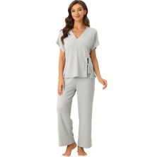 Women's Lounge Outfits Ribbed Knit Short Sleeve Tops With Pants Soft Casual Pajama Sets Cheibear