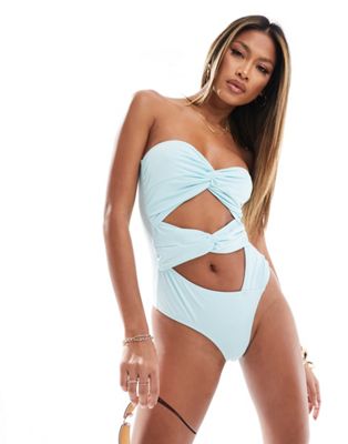 Simmi knot detail cut out bandeau swimsuit in baby blue - part of a set Simmi Clothing