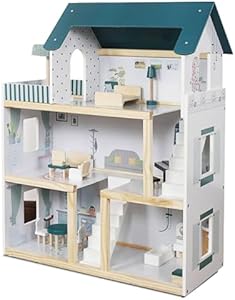 Lil' Jumbl Kids Wooden Dollhouse, 17-Piece Accessories & Furniture are Included, with Balcony & Stairs, 3 Story Easy to Assemble Doll House Toy - Green Lil' Jumbl