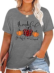 Plus Size Thanksgiving T-Shirt Women Thankful Greatful Blessed Shirt Cute Plaid Pumpkin Graphic Tees Casual Fall Tops Fchich