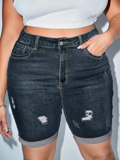 SHEIN SXY Рваные джинсовые шорты размера плюс с высокой талией SHEIN
