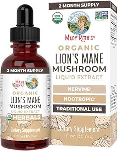 MaryRuth Organics Lions Mane Mushroom Supplement, Upto 2 Month Supply, Nootropic USDA Organic Lions Mane Extract Nervine Herbal Liquid Drops (Жидкие капли), Brain Health Non-GMO Vegan Alcohol Free Tincture, 1 Fl Oz MaryRuth Organics