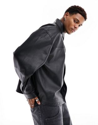ASOS DESIGN real leather oversized cropped coach jacket in black  ASOS DESIGN