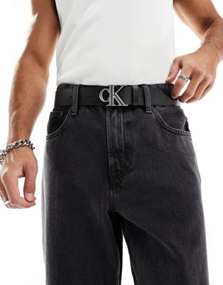 Calvin Klein Jeans round mono plaque 40mm leather belt in black Calvin Klein