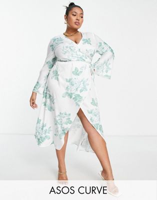 Эксклюзивное атласное платье с запахом и завязками на талии ASOS DESIGN Curve белого и зеленого цветов ASOS DESIGN Curve ASOS Curve