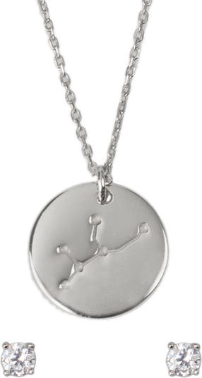 Ожерелье с подвеской в виде знака зодиака и серьги-гвоздики с фианитами из стерлингового серебра с родиевым покрытием Jardin