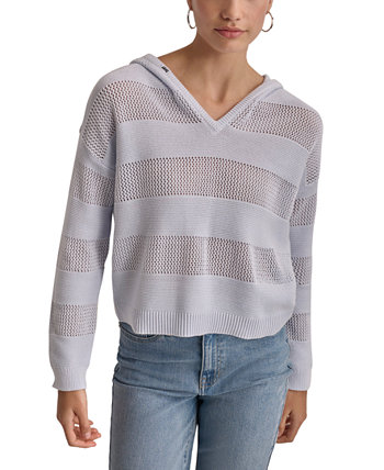 Women's Pointelle Stripe V-Neck Hooded Sweater DKNY