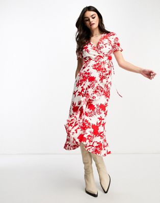 Красное льняное платье миди с запахом и цветочным принтом & Other Stories & OTHER STORIES