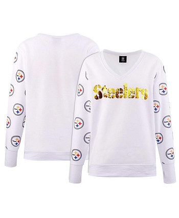 Женская белая флисовая футболка с v-образным вырезом и пайетками Pittsburgh Steelers Cuce