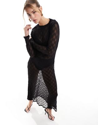Черное прозрачное платье макси с длинными рукавами и фактурной текстурой Object