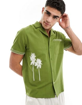 Another Influence linen mix embroidery camp collar shirt in green Another Influence