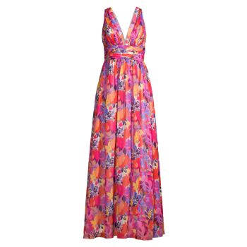 Плиссированное шифоновое платье с цветочным принтом Aidan by Aidan Mattox
