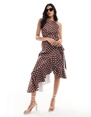 Style Cheat halter neck cami midi dress with tie waist in brown spot Style Cheat
