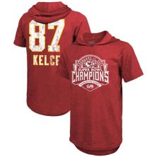 Men's Majestic Threads Travis Kelce Red Kansas City Chiefs Super Bowl LVIII Player Name & Number Tri-Blend Hoodie T-Shirt Majestic Threads