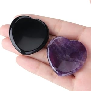 YATOJUZI Thumb Worry Stone for Anxiety Healing Crystals Sets Amethyst Black Obsidian Heart Gemstone Pocket Stones 2PCS Hand Carved Natural Crystal Stones Reiki Palm Stone for Meditation Therapy YATOJUZI