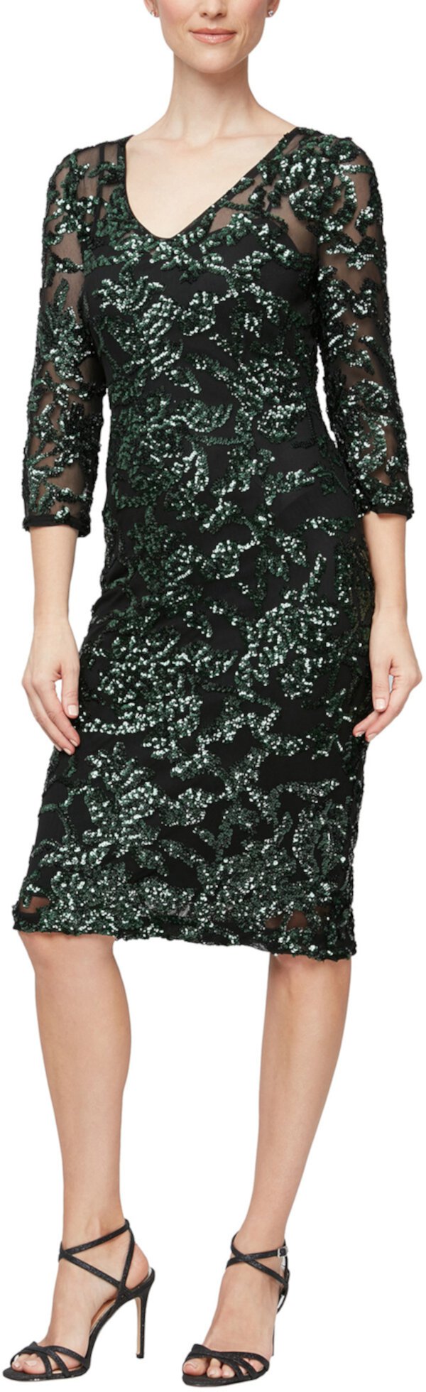 Короткое платье-футляр с V-образным вырезом, иллюзорным вырезом и рукавами 3/4 Alex Evenings