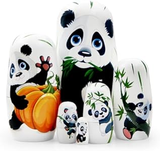 Set of 6 Panda Family Nesting Dolls Black and White Panda with Bamboo Wooden Russian Doll Lovely Animal Matryoshka Dolls Stacking Dolls for Kids Boys Girls Christmas Birthday Toy Gift Winterworm