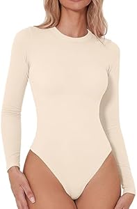 QINSEN Women's Seamless Long Sleeve Bodysuit Crew Neck Basic Stretch T Shirt Top QINSEN