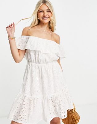 In The Style x Jac Jossa embroidered off shoulder smock dress in white In The Style
