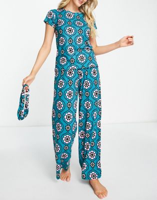 Комплект из трех широких пижам и повязки на голову Chelsea Peers с мозаичным принтом бирюзового и розового цветов Chelsea Peers